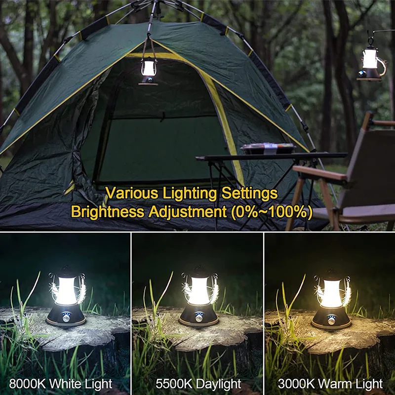 Retro Portable Camping Lantern Rechargeable Light Hanging Lamp Outdoor Camping Light Household 3 Modes Dimmable Emergency Light