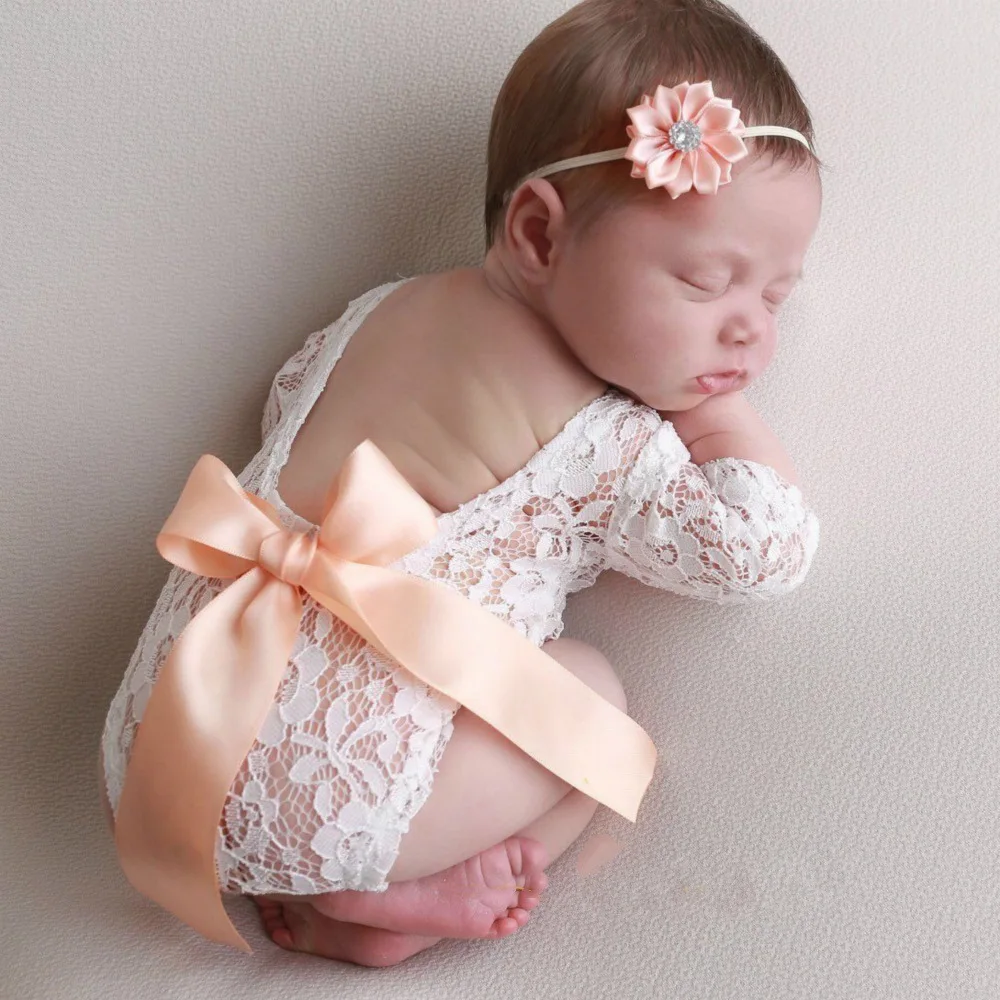 Newborn Baby Photography Clothing Tie Bow Lace Dress Clothing Hairband Two-piece Set