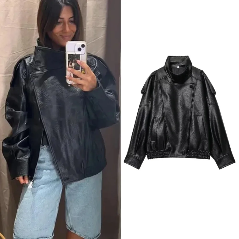 

Chic Black Faux Leather Jackets Women Long Sleeve Buttons Elastic Oversized Coats Fashion 2026 Autumn Winter Streetwear
