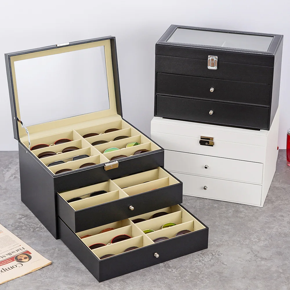 New 3 Layers PU Leather Sunglasses Organizer Case 24 Slots Glasses Display Box Large Capacity Jewelry Storage Box Organizer Gift