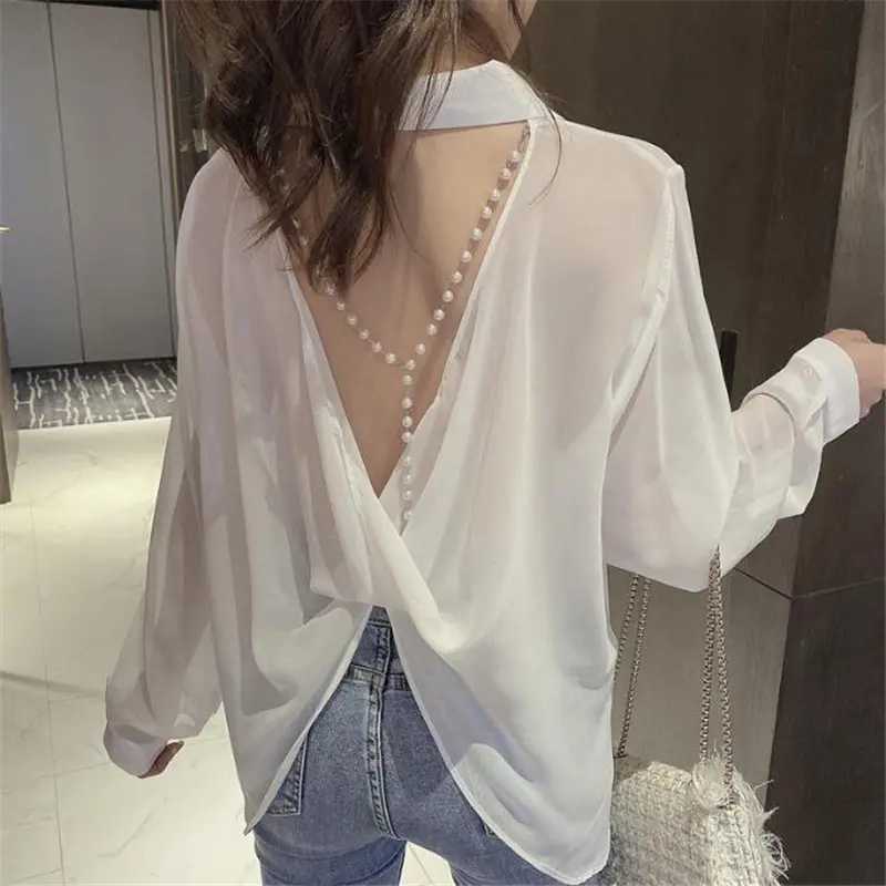 Sexy Backless Beaded Women Club Party Shirts Casual Long Sleeve See Through Blouse Summer Fashion Loose Top Female Clothing 2022