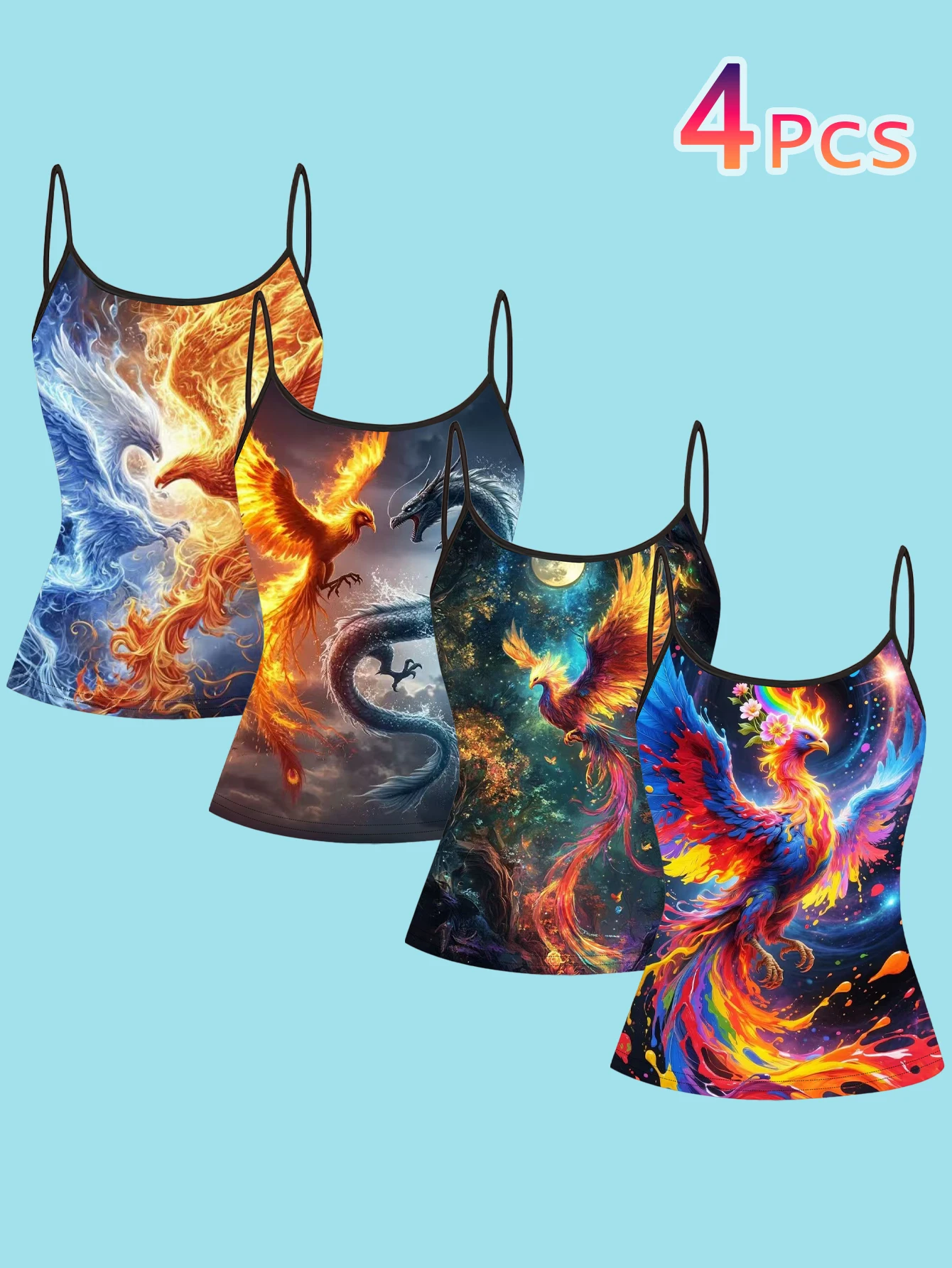 4-Piece Set of Colorful Printed Camisoles with Mythical Dragon and Phoenix Designs, Chinese Style Mythological Dragon and Phoenix Flaming Bird Women's Slim-Fit Spaghetti Strap Sleeveless Tops for Outerwear or Layering