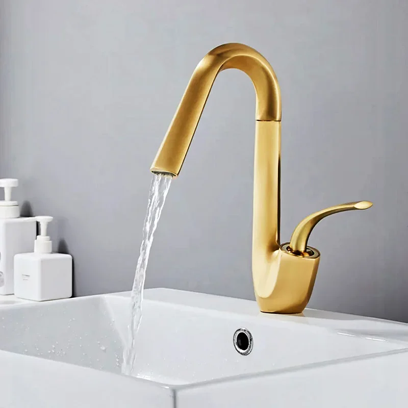 NEW luxury Brass light  brushed gold basin faucet chrome-plated black bathroom sink single-hole hot and cold water faucet