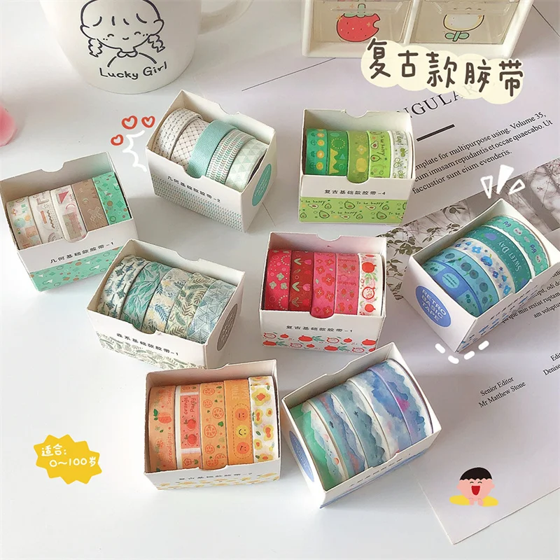 5Pcs/Box Retro Geometry Washi Tape Set Diary DIY Decoration Student Stickers Korean Stationery Office Supplies Peach