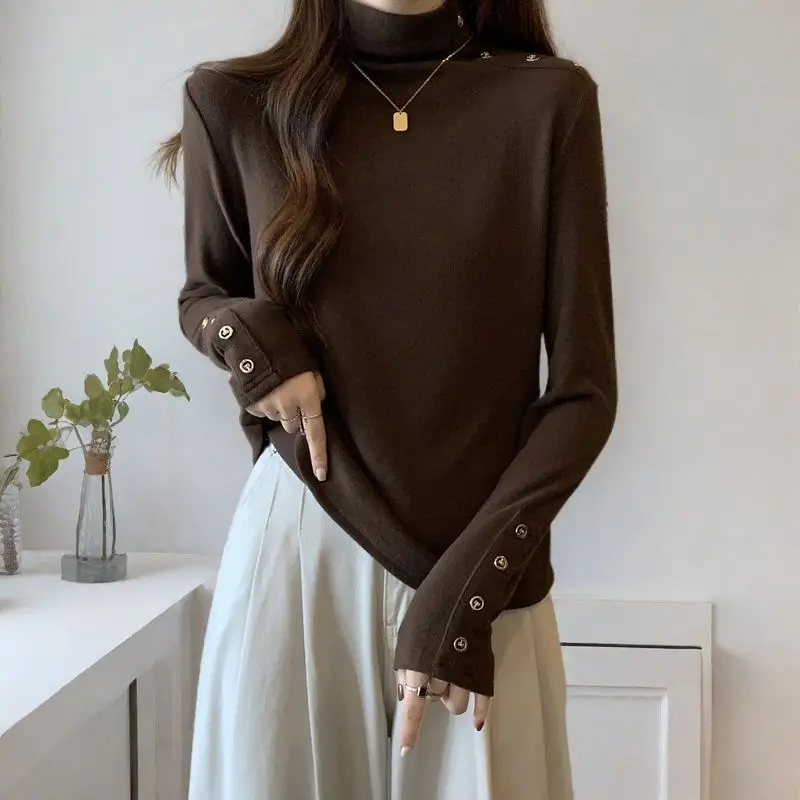 Korean Button Patchwork Solid Plus Size T Shirts Autumn Winter Long Sleeve Simplicity Trend Tops Fashion Casual Women Clothing
