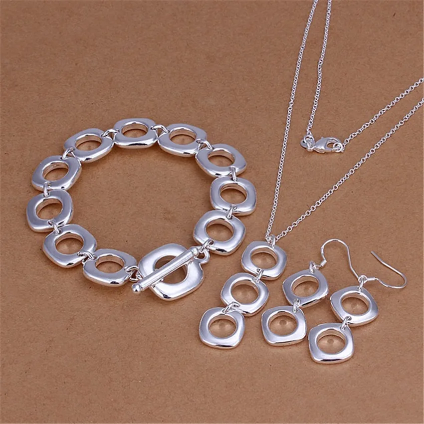 

925 sterling silver Round square pendant Bracelet necklace earrings Jewelry set for women Fashion wedding Party Gifts