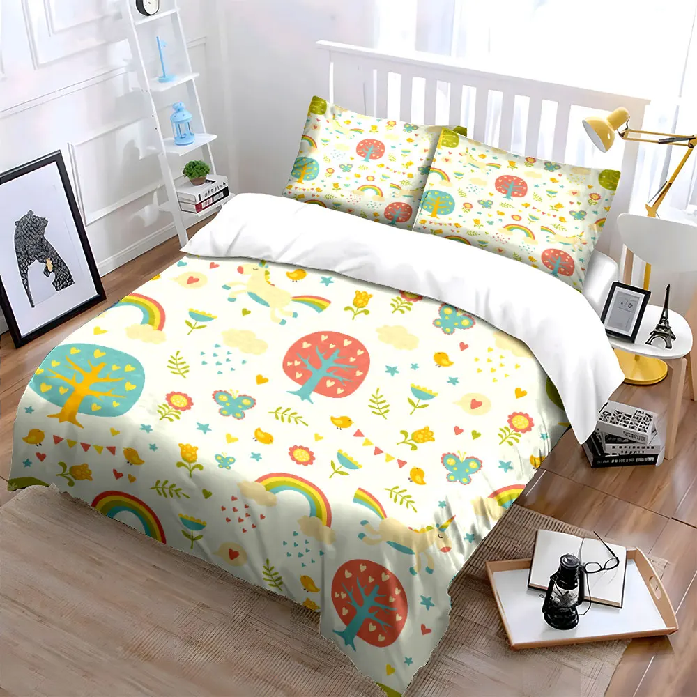Fantasy forest with rainbow unicorn Print Soft Comfortable Duvet Cover Bedding Set Included 1*Duvet Cover 2*Pillowcases