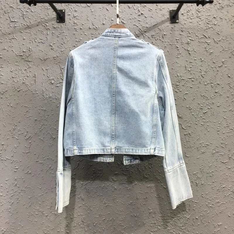 

Vintage Women Short Denim Coat Spring And Autumn New Fashion Stand Collar Long Sleeves Jeans Jacket Female Loose Outwear B1459