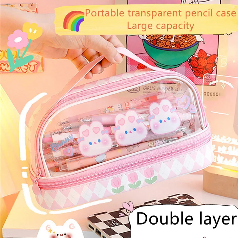 Imagem -02 - Estojo para Lápis Kawaii para Meninas Camada Dupla Bolsas Lápis Grandes Portátil Bonito dos Desenhos Animados Estudantes Pen Pouch Organizador Estacionário