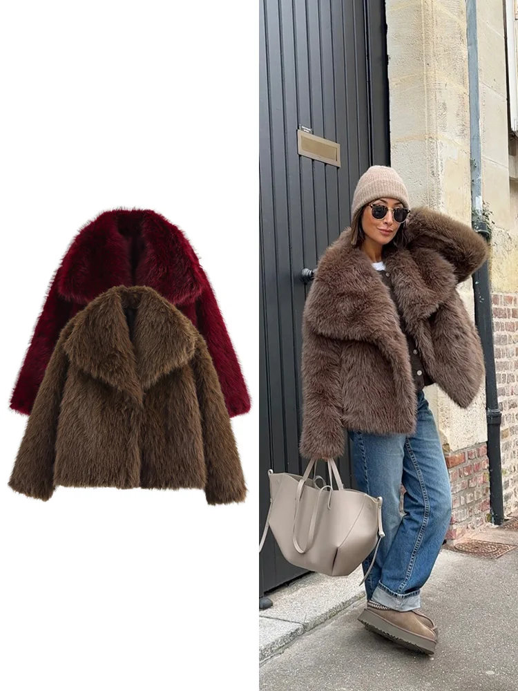 TRAF Women's Faux Fur Effect Lapel Short Jacket Autumn and Winter New Fashion Concealed Button Design Loose Jacket Women's Tops