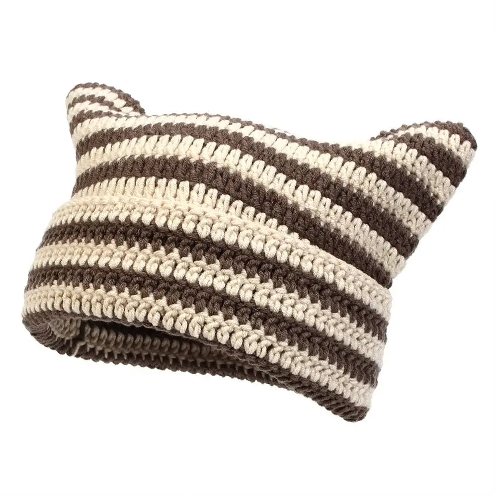 Cute Cat Ears Japanese Beanie Hat Keep Warm Y2K Harajuku Ins Little Devil Striped Hat Punk Gothic Unisex Knitted Wool Cap Women