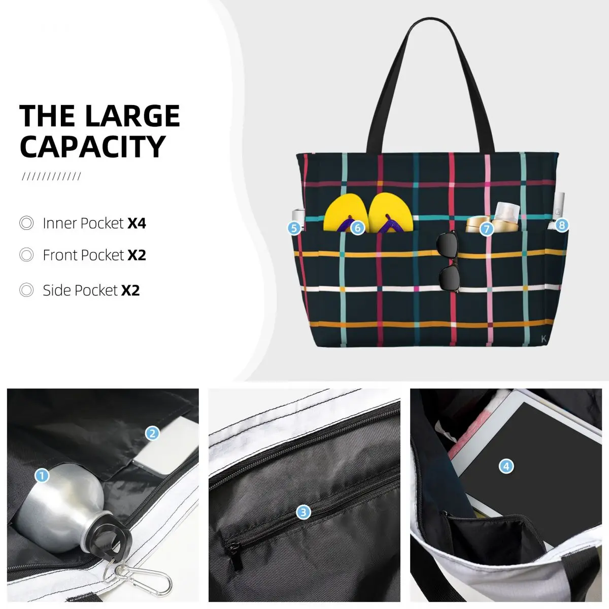 Borsa da viaggio da spiaggia con motivo scozzese disegnato a mano, borsa Tote alla moda pratico regalo di compleanno modello Multi-stile