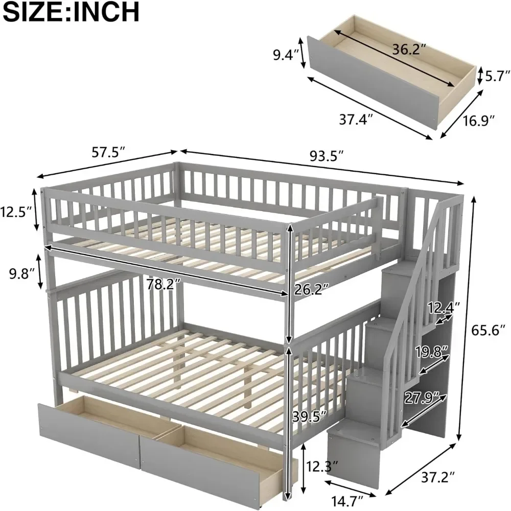 Bunk Bed, with Two Drawers and 3-Storage Staircase, No Box Spring Required, Solid Wood Full Bunk Bed