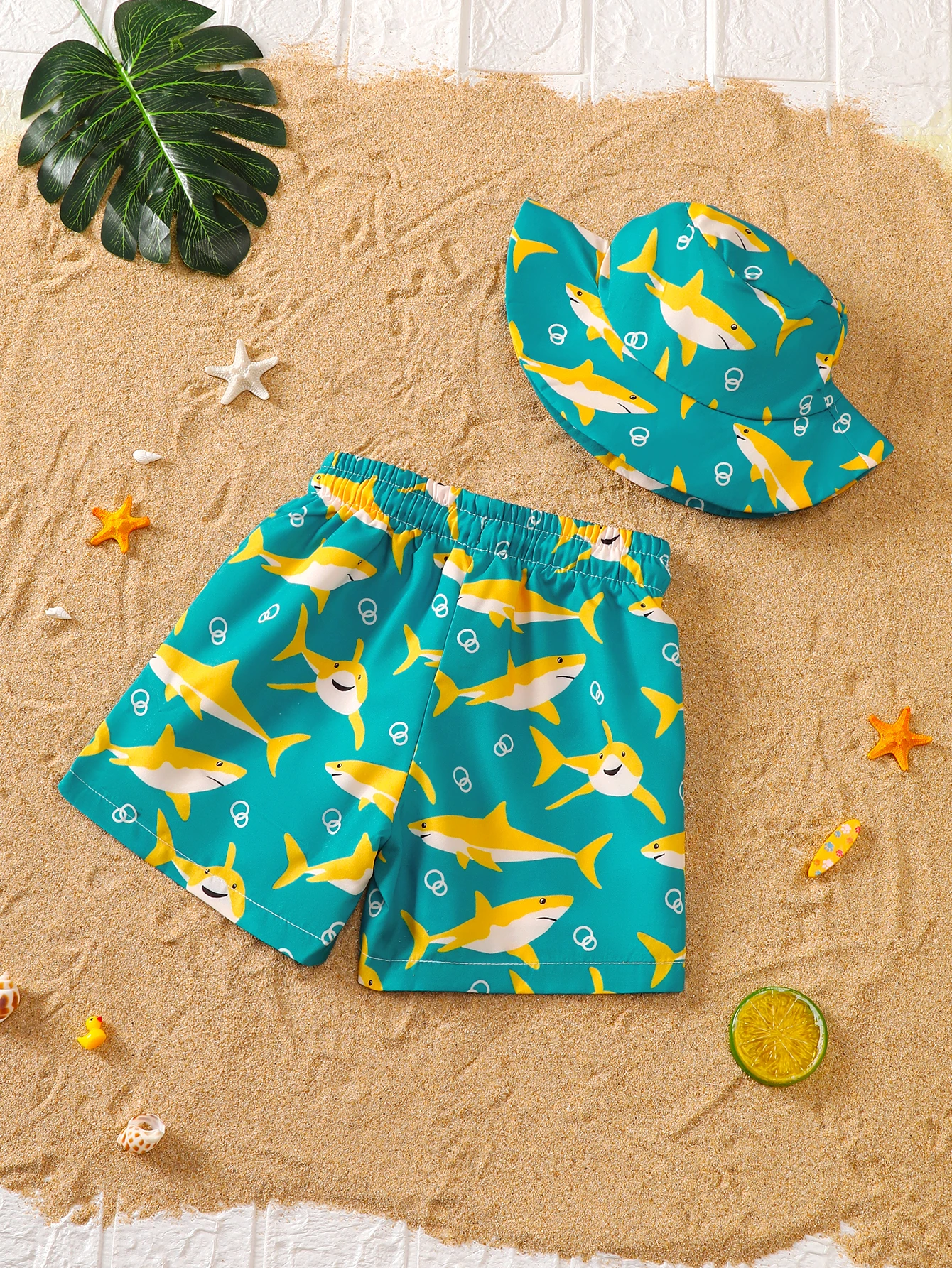 Baby Boys Summer Shark Print Beach Shorts Set with Hat Full Print Shark Design Beachwear for Toddlers
