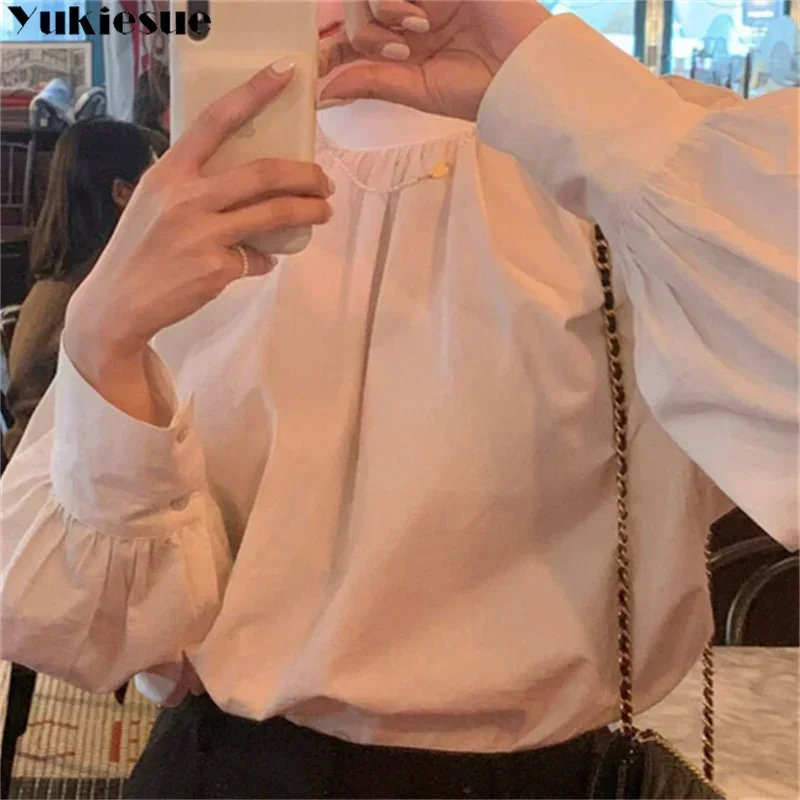 Women Shirt 2023 Spring Autumn Y2K Korean Edition Casual Loose Fashion Ladies Half High Collar Long Puff Sleeve Vintage Blouse