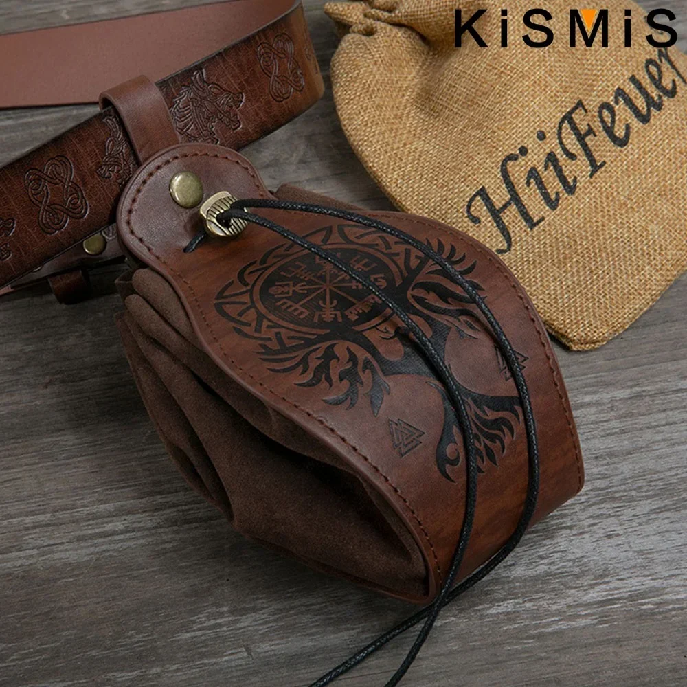 KISMIS Portable Faux Leather Drawstring Pouch Medieval Pouch Vintage Coin Purse Dice Bag