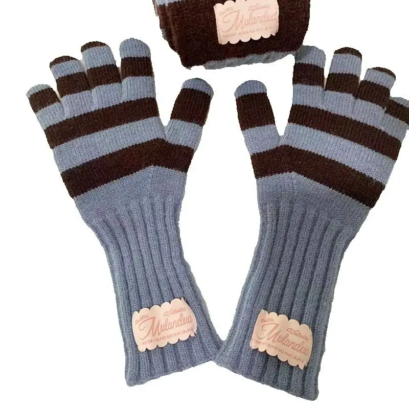 AliExpress Stripe Knitted Winter Warmth Touch Screen Gloves for Women Outdoor Cycling Five Finger Long Gloves Stylish Korean Ins Style