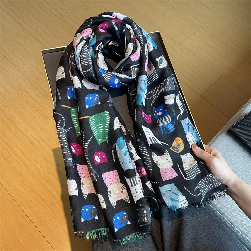 2024 Animal Cartoon Cat Pattern Fringe Viscose Scarf Lady Print Soft Voile Shawls and Wraps Pashmina Muslim Hijab Sjaal 180*90Cm