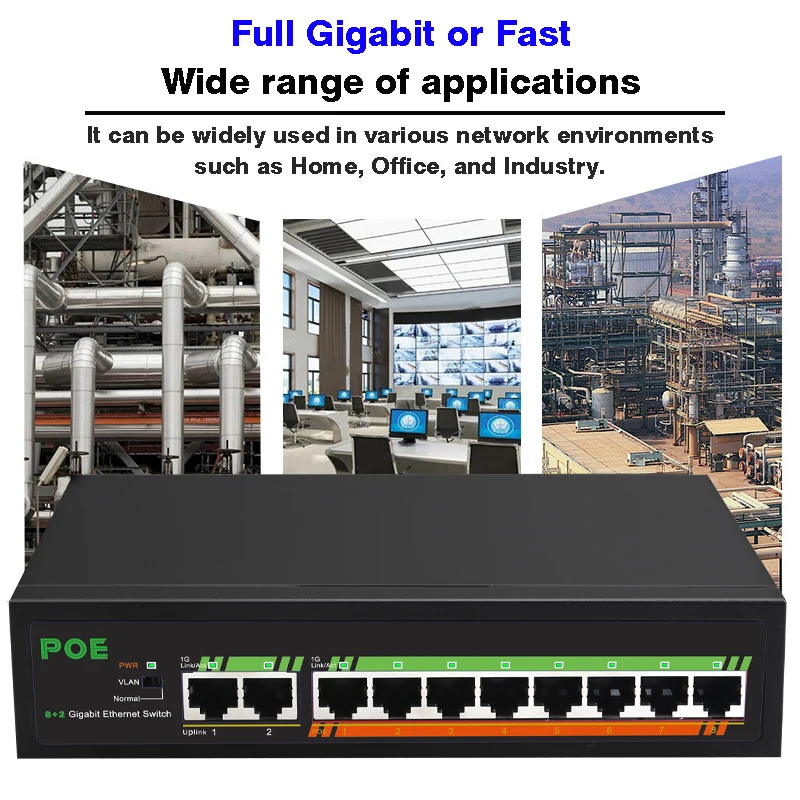 10 Port Power Over Ethernet Switch Vlan PoE Switch Gigabit Cepat RJ45 Hub Smart Network Switch Ethernet 120W Memperpanjang 100 1000 Mbps