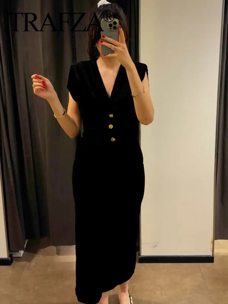 TRAFZA Women Fashion Long Dresses Black V-Neck Sleeveless Single Breasted Decoration Zipper Female Summer Slim Velvet Dress