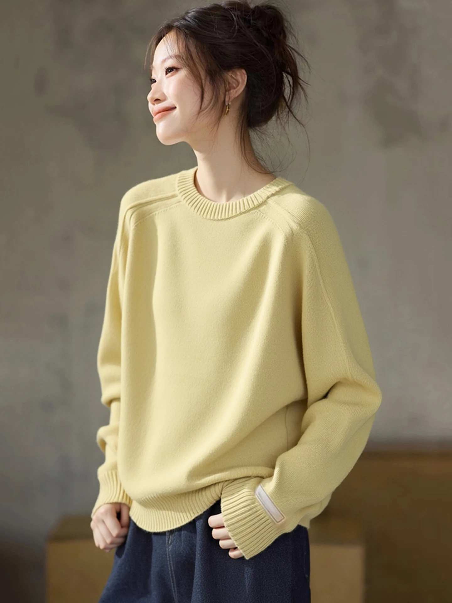 

Ele Yellow Knitted Long Sve Loose Fit round Ne Sweater Versatile Commute Sle Korean Version Camere Women's Top