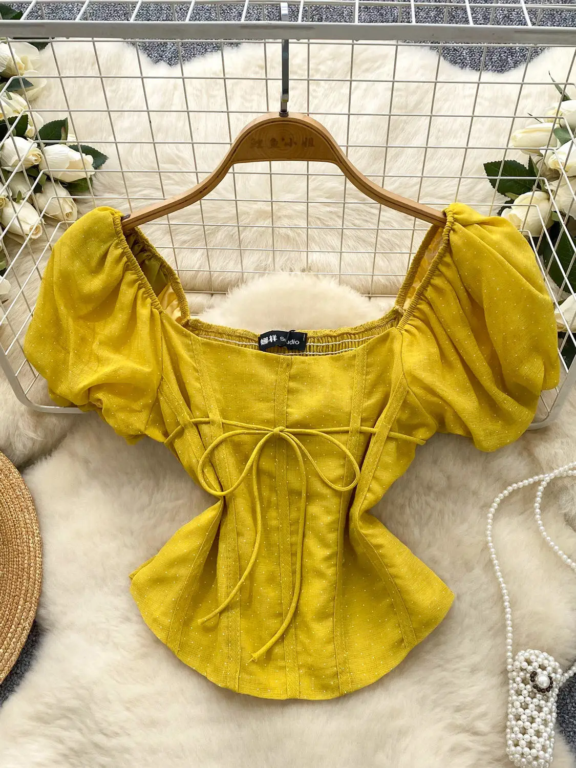 French Elegant Square Neck Puff Sleeve Polka Dot Blouse Women Top 2026 Spring/Summer, High-End Slim Fit Versatile Chic Lady Top