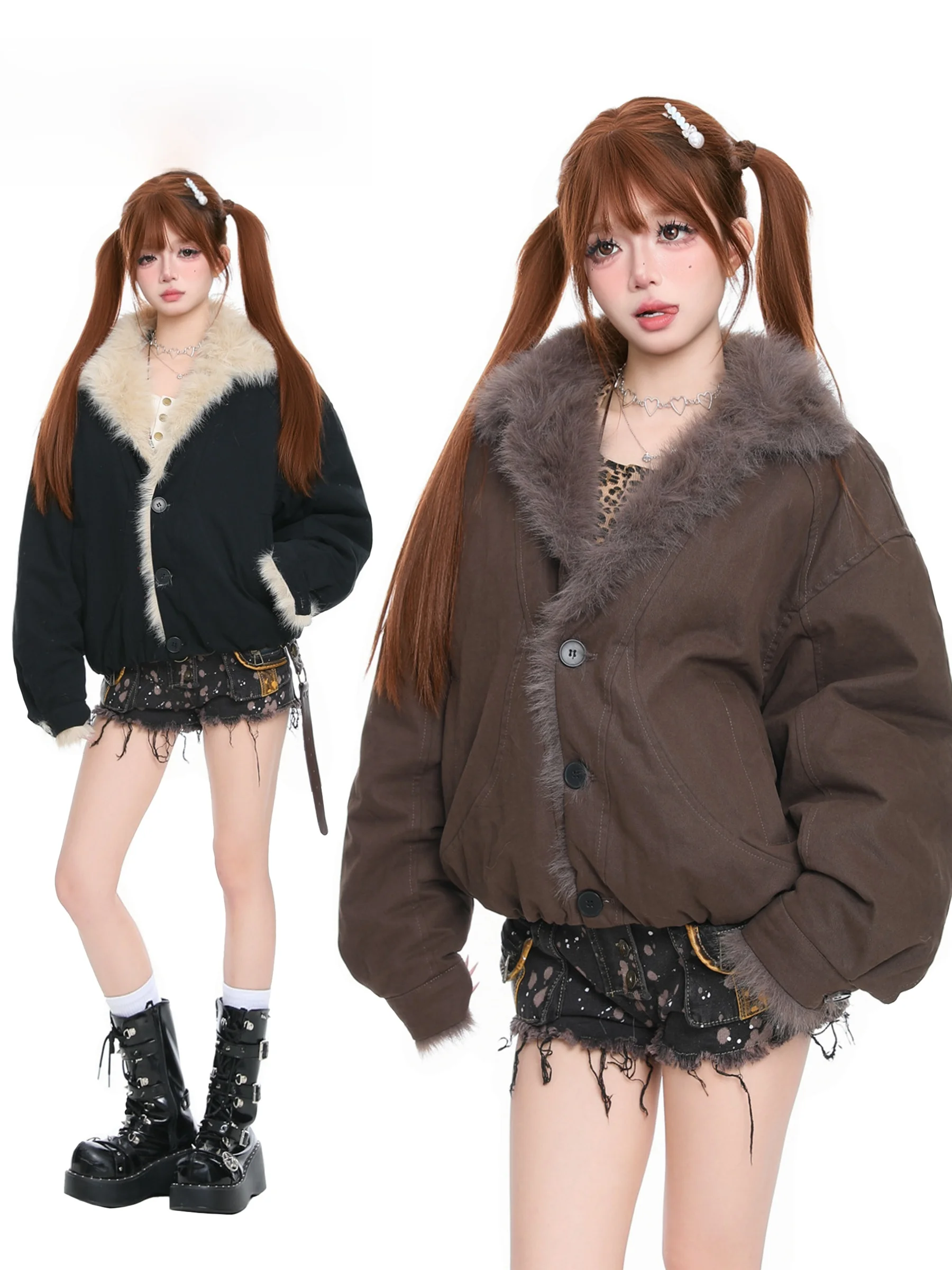 

Зимнее женское пальто Thiened Cotton Jaet BASTERDS с меховым воротником Meralad, дизайн «Горный орел», теплое, в корейском стиле, свободного кроя