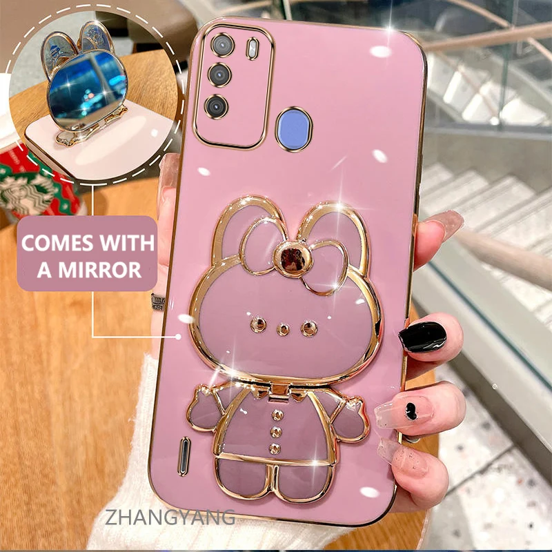 Case For itel Vision 1 Pro Electroplated straight edge silicone phone case cute 3D rabbit with built-in mirror for anti drop