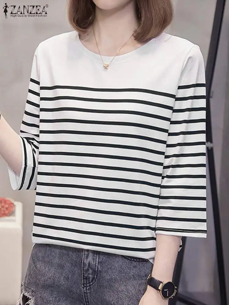 2024 ZANZEA Summer Women Tops Tunic Fashion 3/4 Sleeve Striped Blouse Elegant OL Work Shirt Causal O Neck Blusas Loose Chemise