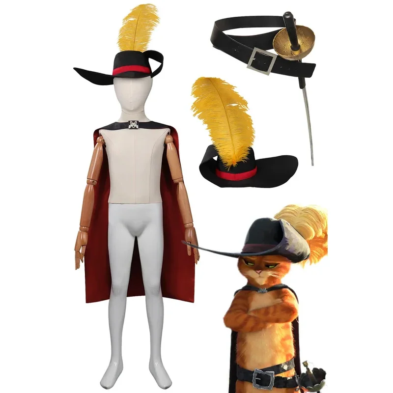 Travestimento Gatto Spadaccino Cosplay Ragazzi Cappello Mantello Cartone animato Gatto in stivali Gioco di ruolo Costume Adolescente Fancy Dress Up Abiti da festa ^ 0^.