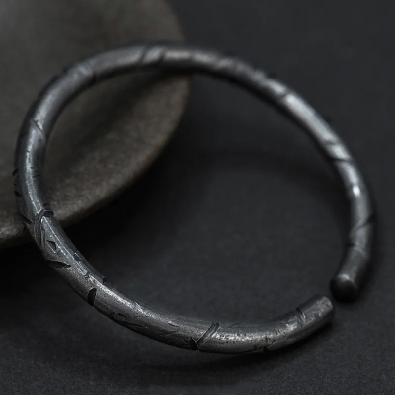 Trendy Black Carving Bamboo Bangle For Men Jewelry Retro Bangle Male Hand Wrist Accessories Open Bracelet For Boyfriend Gift