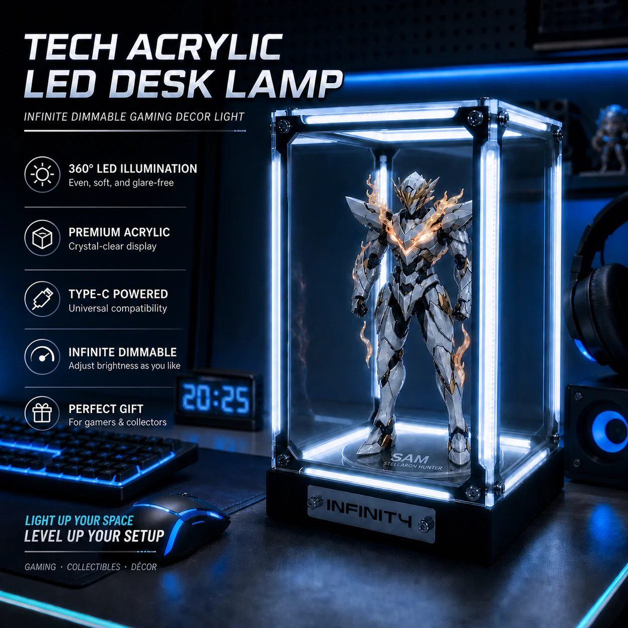 WWPPU Tech Acrylic LED Table Lamp 360 Illumination Display Case Vertical Figurine Box Premium Geek Room Decor Items