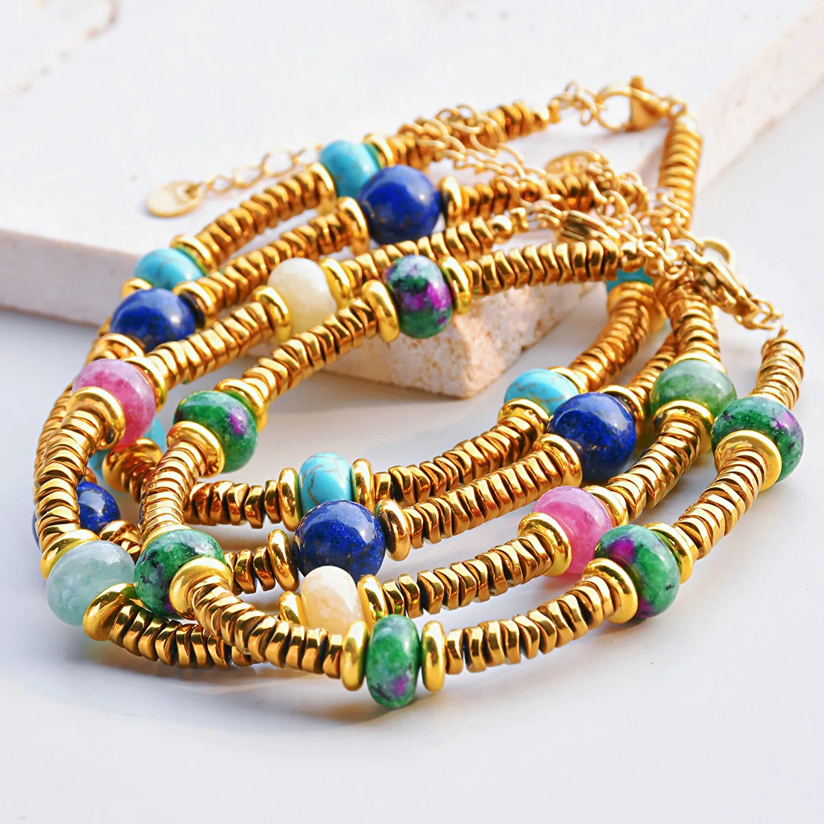 PRISCA | Colored Natural Stone Bracelets for Women Stainless Steel European and American Jewelry 2024