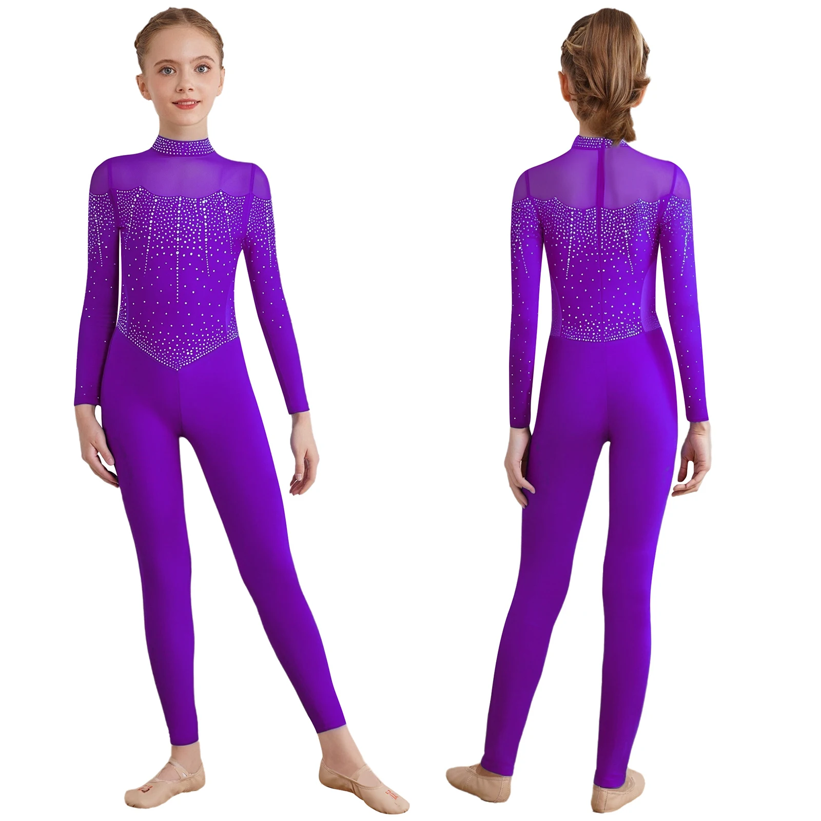 

Kids Girls Lyrical Gymnastics Ballet Dance Leotard Long Sleeve Sheer Mesh Jumpsuit for Ballet Figure Skating Dance Bodysuits