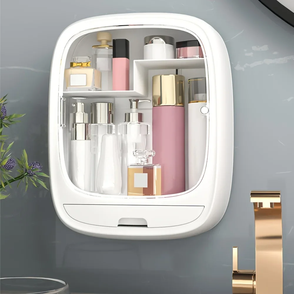 Wall-mounted Makeup Storage Box Punch Free Dustproof Waterproof Large Capacity Cosmetics Organizer Shelf Bathroom Containers