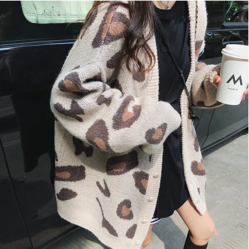 Roze Gebreide Losse V-hals Luipaardprint Casual Trui Jas Vrouwen Herfst Winter Koreaanse Mode Luie Stijl Dames Vest Nieuw