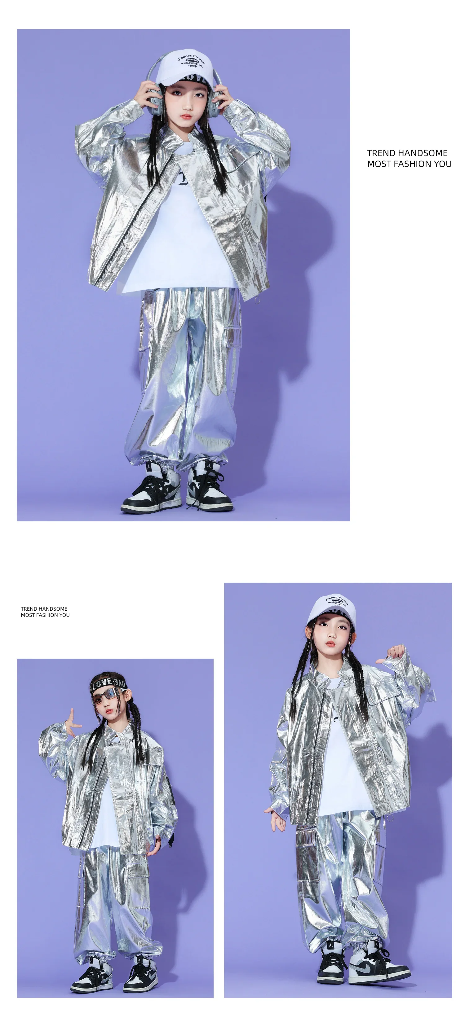 Neues Kinder-Hip-Hop-Set aus glitzerndem silbernem Leder, Bühnenkostüm für Mädchen, Street-Dance-Kopf-Performance-Kostümset für Jungen – Detail 11