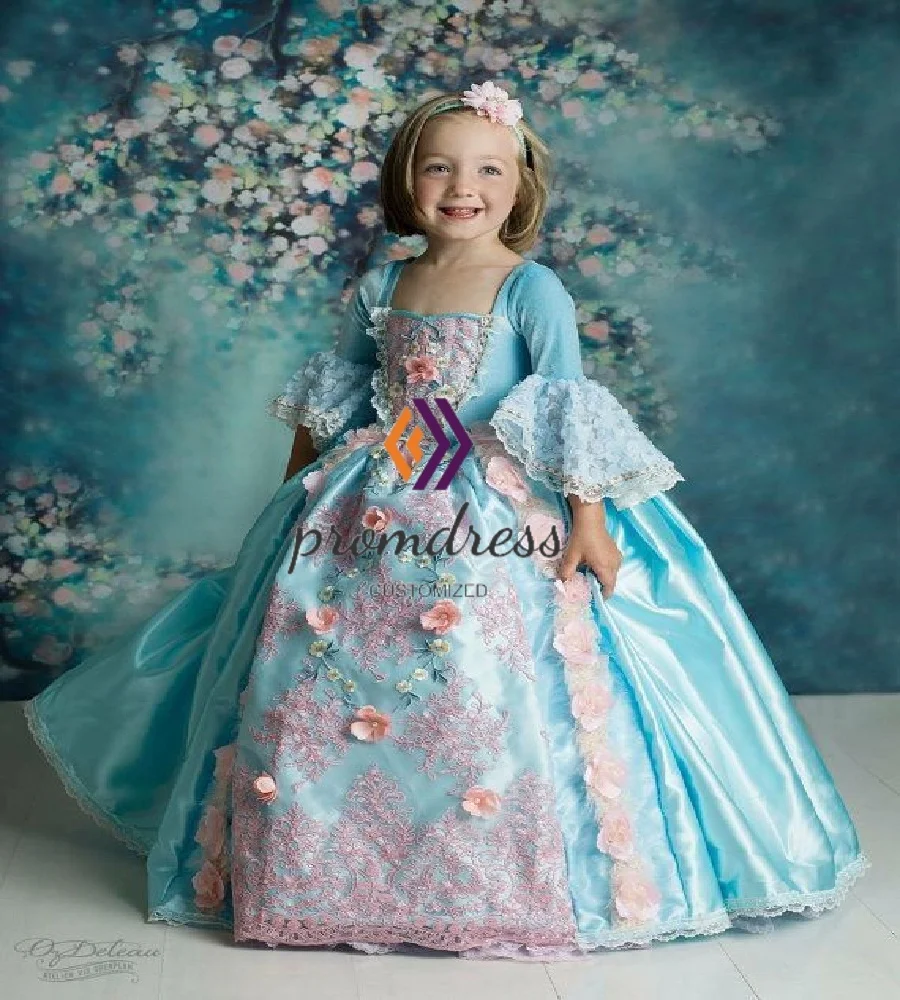 

Renaissance Era Blue Flower Girls Dress With Flowers Victorian Medieval Children Rococo Birthday Party Dress Costume Customized
