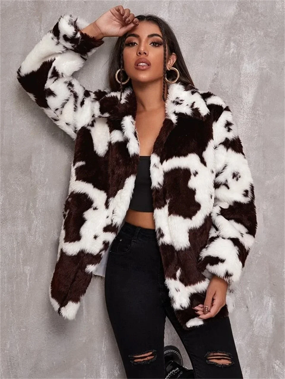 

Winter Women Fleece Jackets Furry Teddy Coat Women Milk Cow Print Faux Fur Jacket Vintage Hip Hop Warm Streetwear