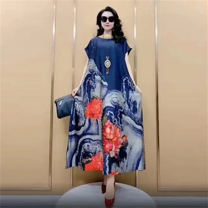 

Women's Summer Dresses 2022 New Fashion Printed Simulated Silk Dress Loose Comfortable Long Mom Clothes Elegant Female Dress 5XL