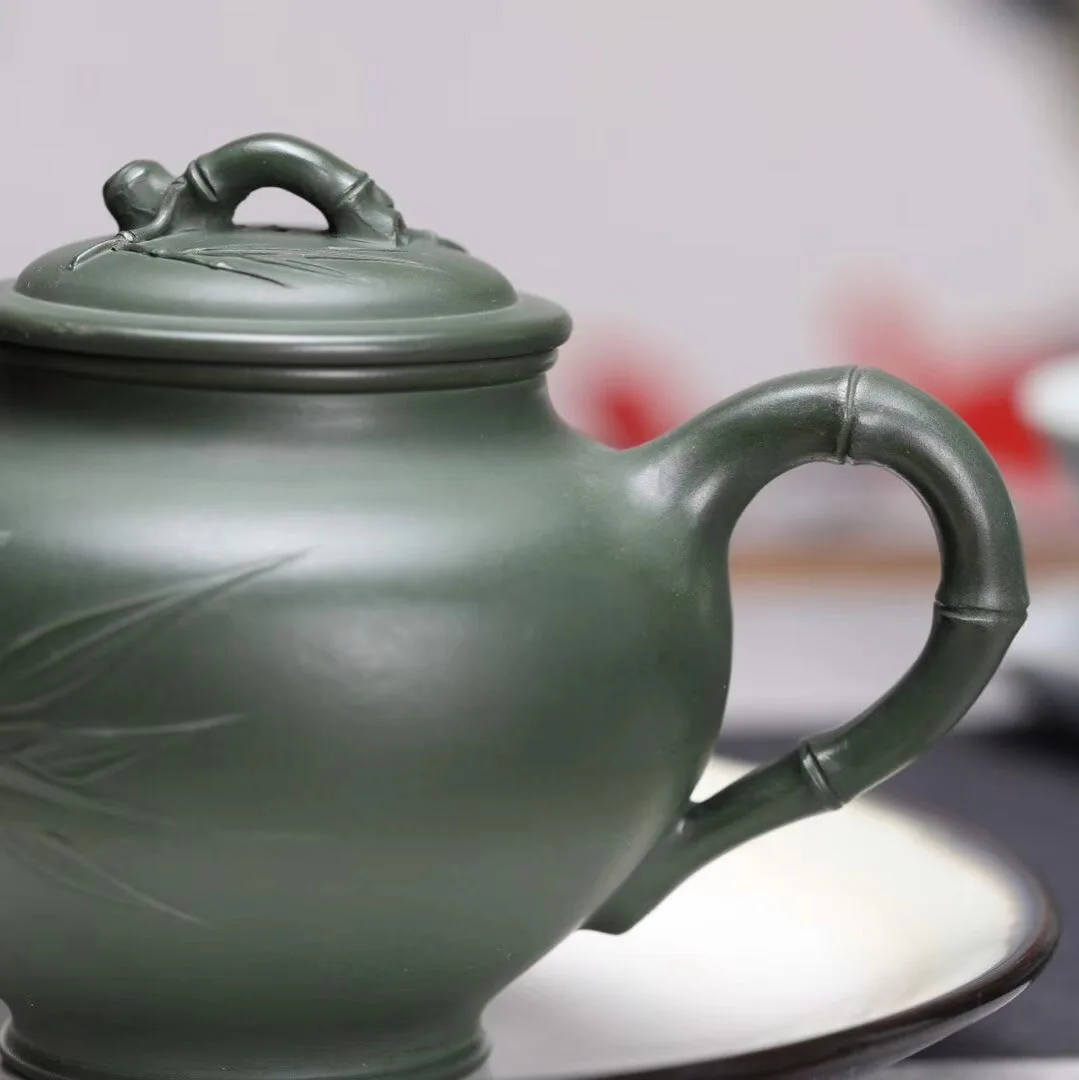 Yixing Purple Clay Tea Set Artisanal Pottery Handcrafted With Bamboo Leaves Made From Pure Raw Ore Dark Green Clay 