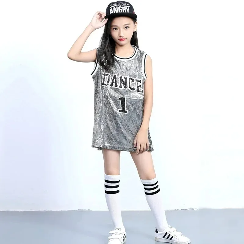 Girls Hip Hop Sequins Dance Costume Glitter Tank Top with Socks Children Kids Stage Performance Mordern Jazz Outfits 5-12 Years