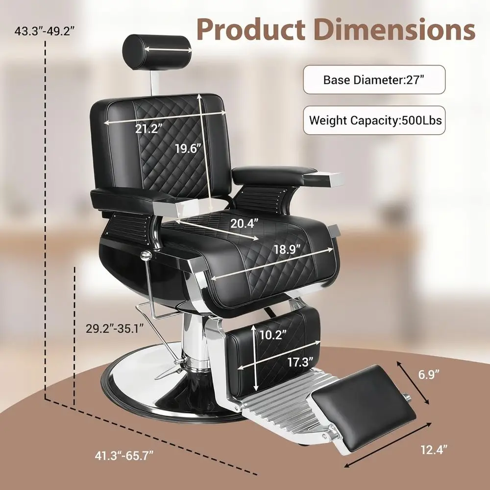 كرسي حلاق قوي مع مضخة هيدروليكية، جلد غرزة ماسية، مساند قابلة للتعديل، 360 درجة °   دوران، أسود وفضي