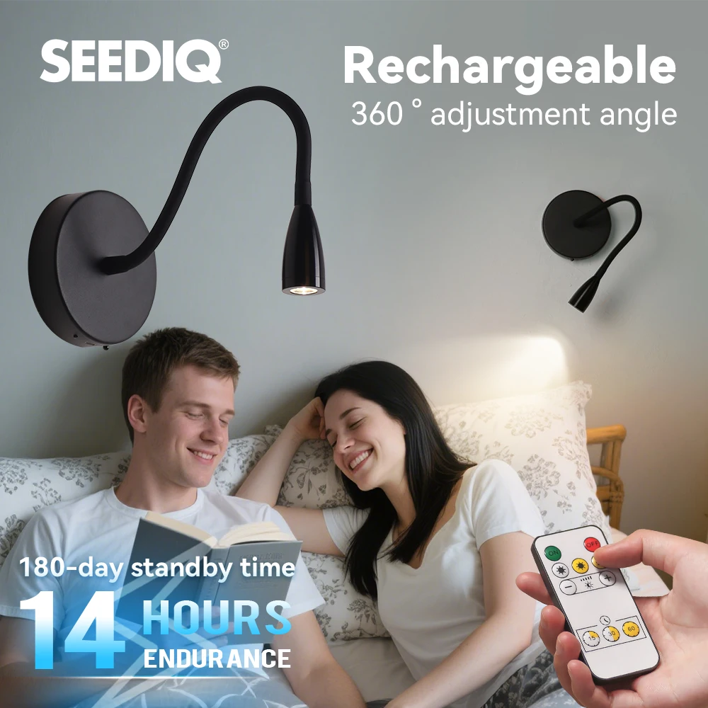 

Wireless Wall Light Black Bedroom Bedside Lamps with Remote 2200mAH Rechargeable LED Wall Lamp No Drill Wall Sconce
