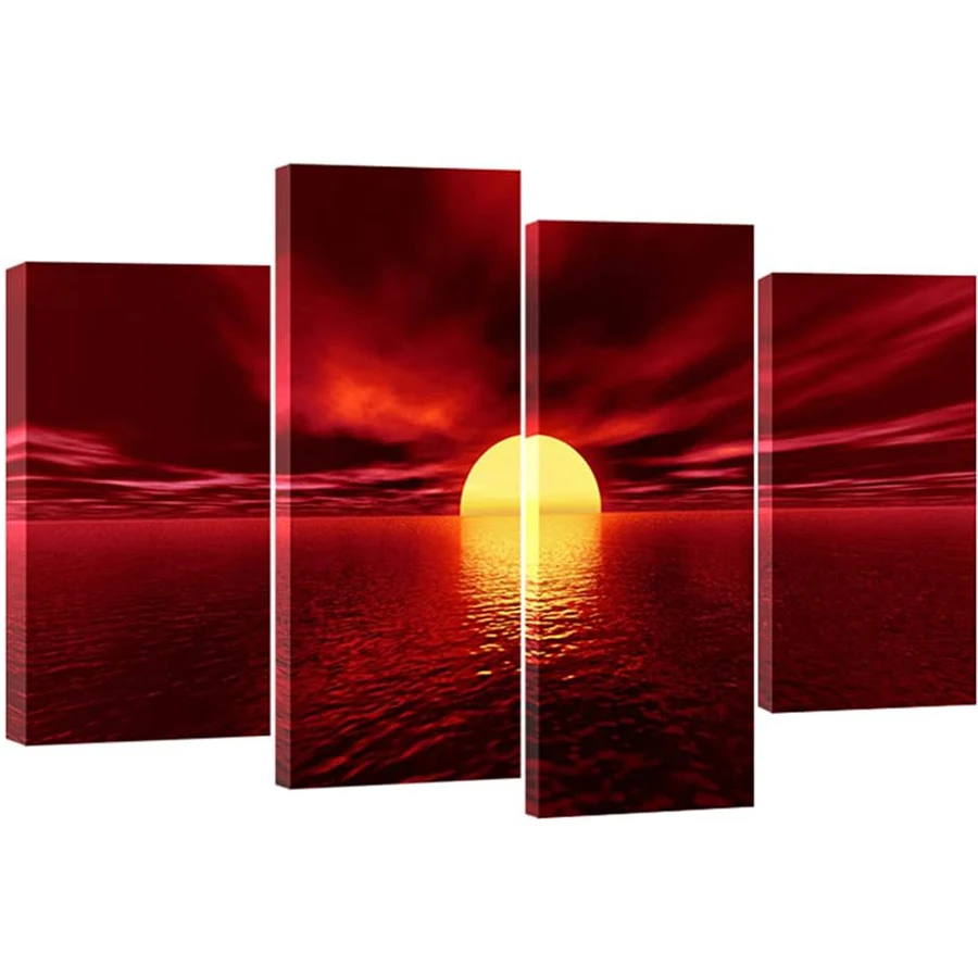 Wall Art Red Sea Pictures Sunset diamond Paintings 4 Pcs Large Seascape Ocean Beach 5D DIY diamond embroidery mosaic home decor