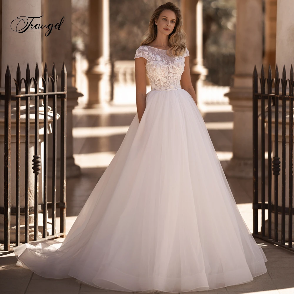 

Traugel Sexy Illusion Cap Sleeve Vintage Wedding Dresses Delicate Scoop Neck Appliques Beaded Court Train A Line Bridal Gown