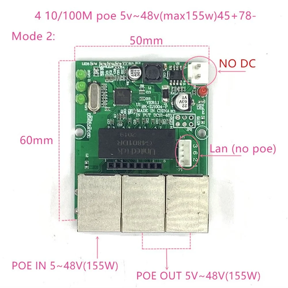 역방향 전원 공급 장치 POE 스위치, POE 입력/출력 5V/12V/24V/48V 45W/3 = 15.4W 100mbps 802.3AT 45 + 78-dc5 V ~ 48V 거리 시리즈 힘 POE