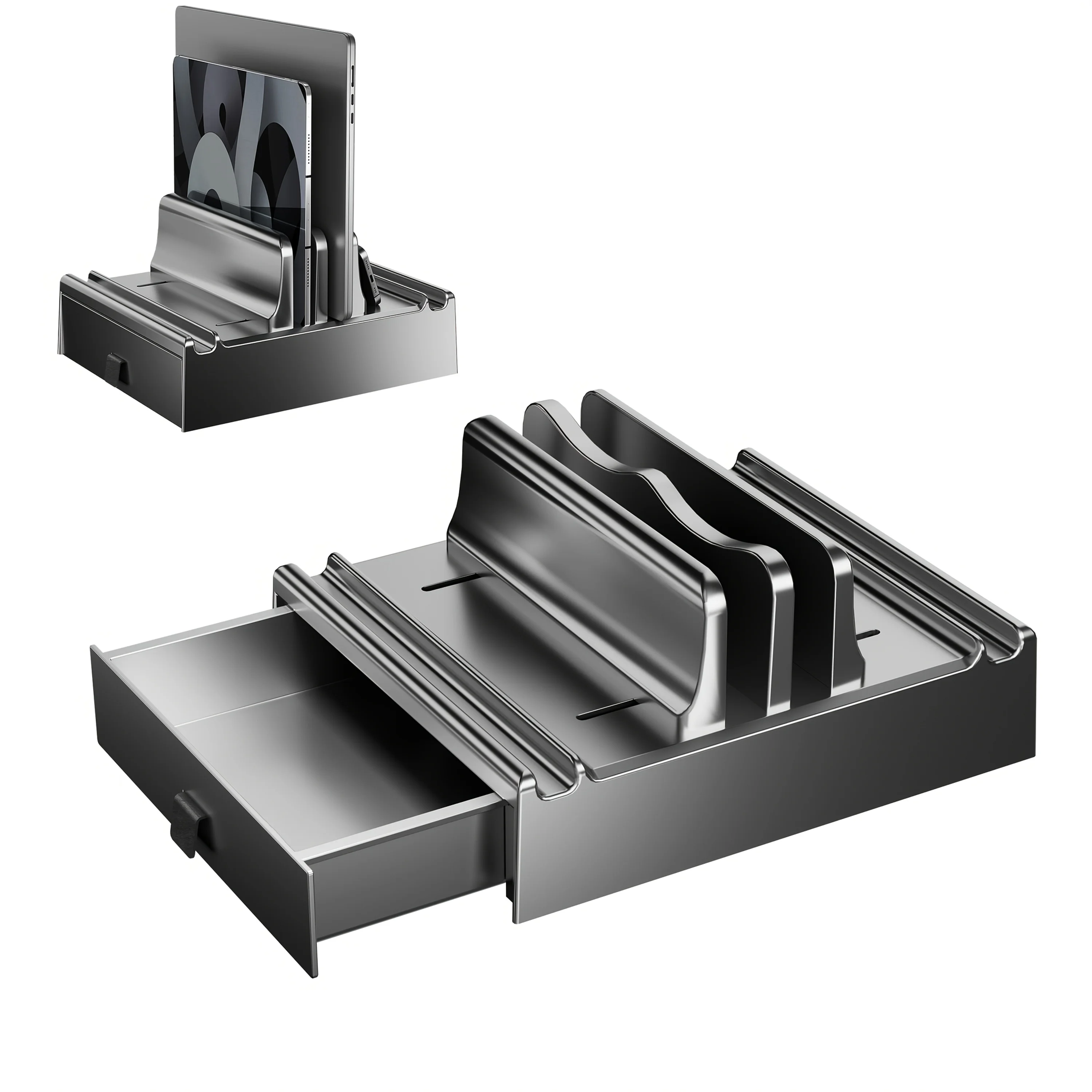 Vertical Laptop Stand With Drawer Dual Slot 4‑in‑1 Adjustable Desktop Organizer Compatible For MacBook Chromebook Surface Dell