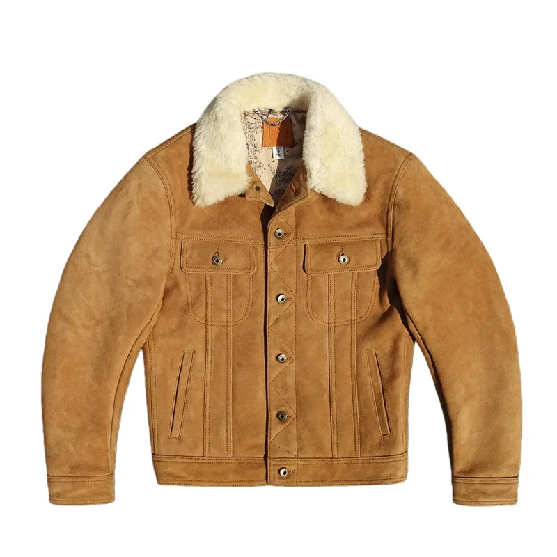 Light Brown Winter Leather Jacket Men Casual Style Plus Size 5XL Genuine Natural Thick Sheepskin Single Breasted Warm Denim Coat