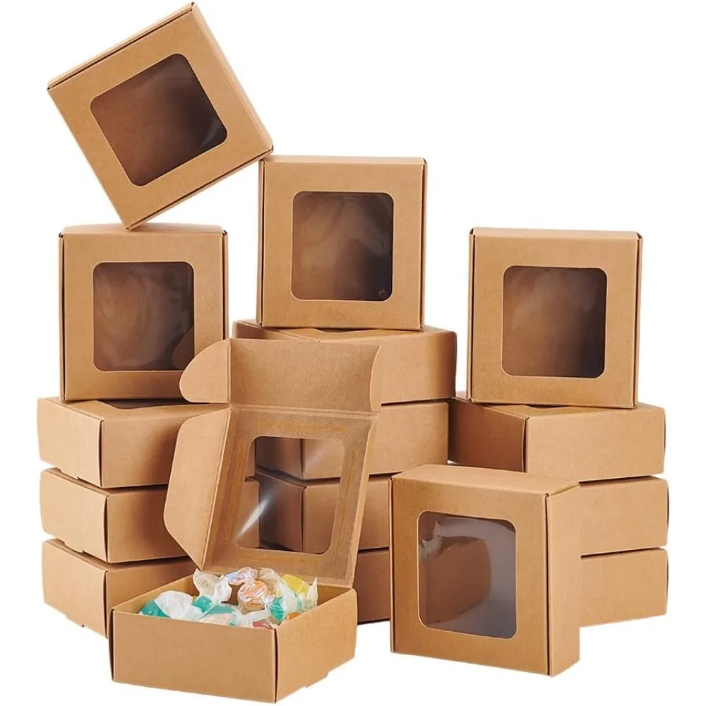 36 Packs 3x3x1.2 Inch Brown Kraft Paper Box with Clear Windows Foldable Paper Gift Goodies Candy Dessert for Party